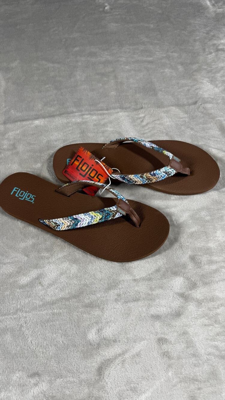 Flojos NEW Womens Flip Flops Sandals 10 Multicolor Memory Foam Beach/Pool Logo